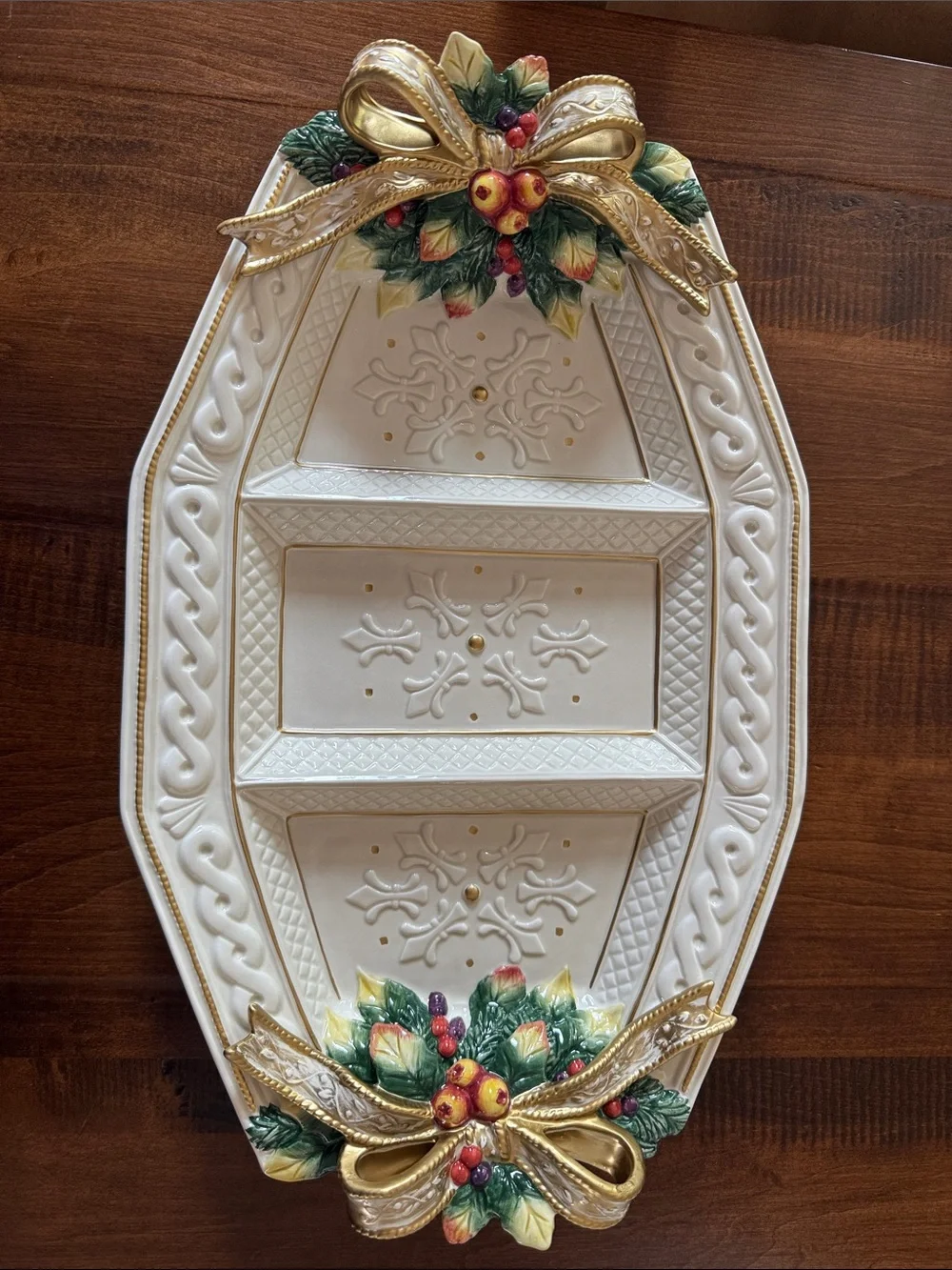 Vintage Fitz and Floyd White Ceramic Holiday Tray with Gold Bows and Green Holly